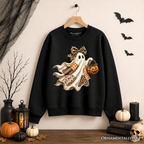 Patchwork Ghost with Leopard Bow Sweatshirt, Rustic Halloween Pumpkin Trick or Treat Sweater