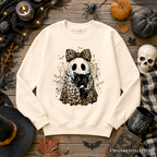 Leopard Bow Ghost with Black Cat Sweatshirt, Spooky Halloween Spider Web Sweater