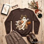 Patchwork Ghost with Leopard Bow Sweatshirt, Rustic Halloween Pumpkin Trick or Treat Sweater