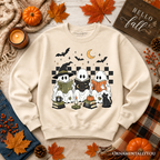 Bookish Ghosts Reading Sweatshirt, Checkered Halloween Witch Cat Sweater