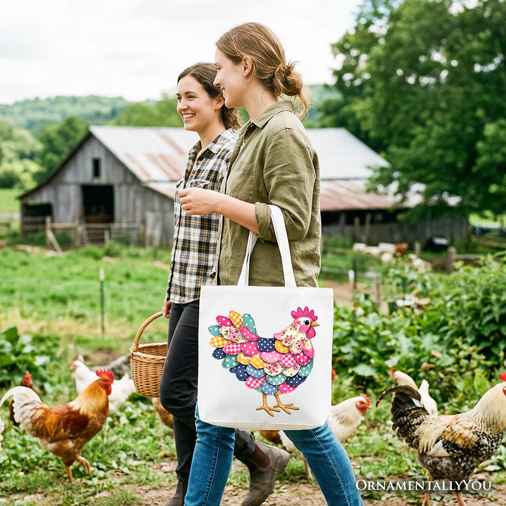 Floral Chicken Printed Faux Patchwork Tote Bag, Coquette Hen Farmhouse Gift Shopper