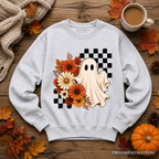 Checkered Floral Ghost Sweatshirt, Vintage Fall Halloween Daisy Sweater