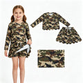 Long sleeves green camo scallop top skirt kids girls outfits