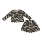 Long sleeves green camo scallop top skirt kids girls outfits