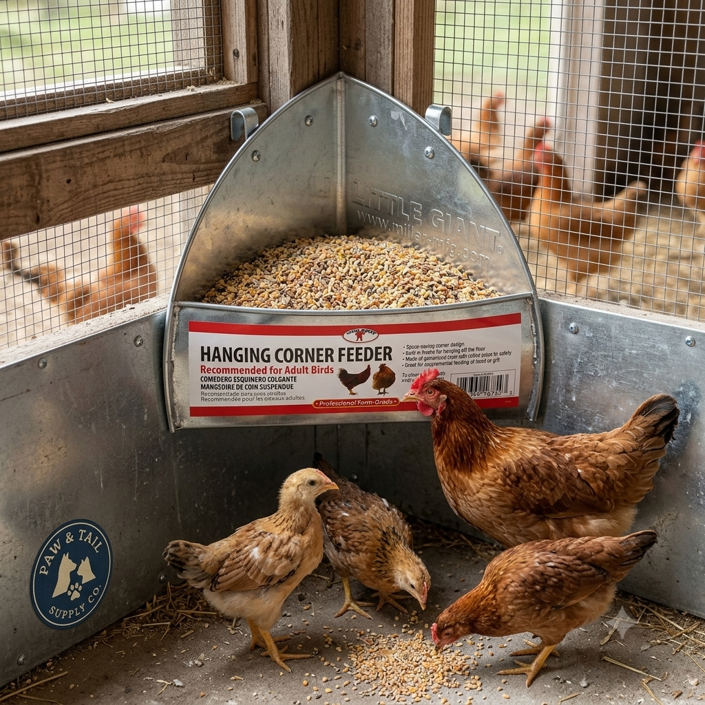 Little Giant Galvanized Hanging Corner Poultry Feeder Space-Saving Chicken Farm