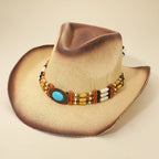 Western Oval Turquoise Concho Buckle Wooden Beaded Band Cowboy Fedora Hat