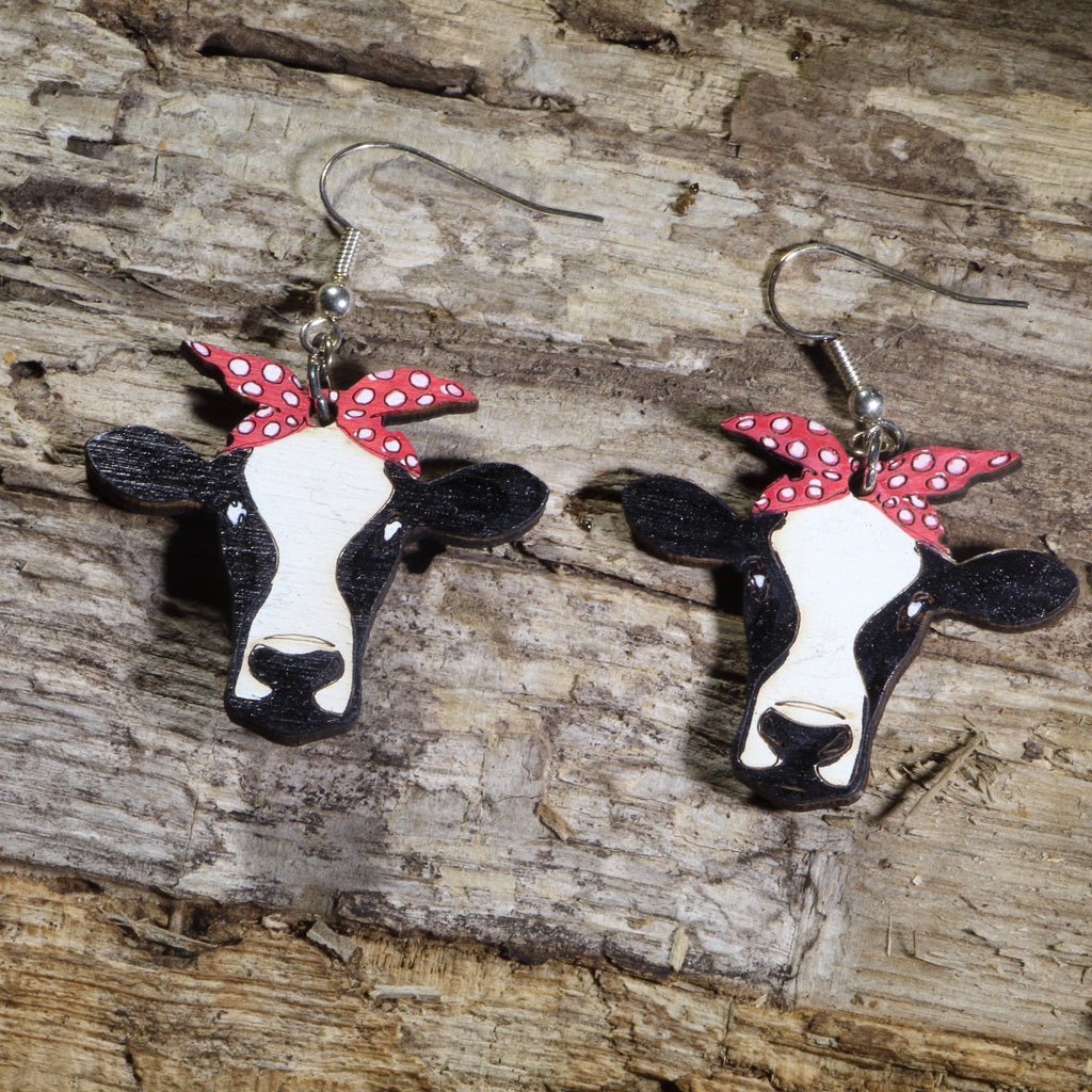 Cow with Scarf Wooden Earrings | Cute Farm Animal Jewelry