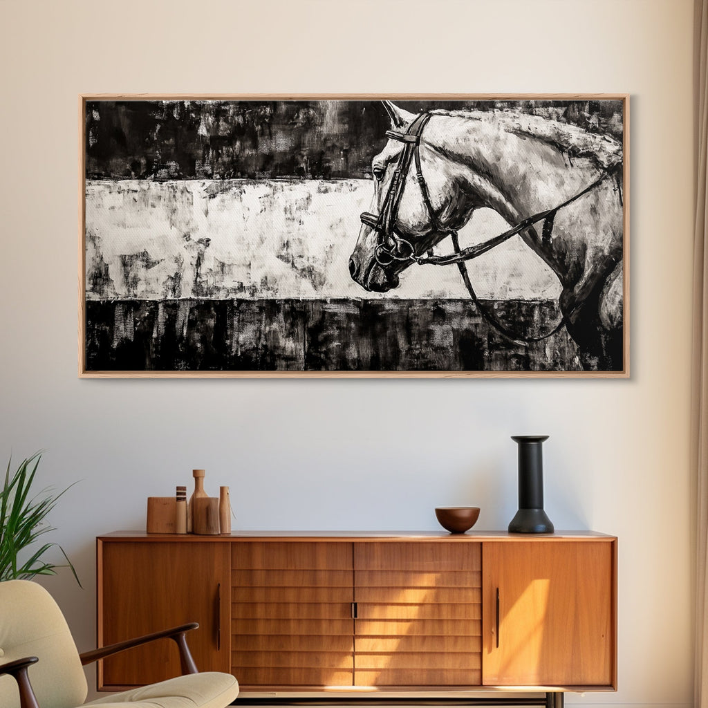 Monochrome Horse, Equestrian Wall Art, Canvas Print, Rustic Black and White Painting, Farmhouse Wall Decor, Western Wall Art