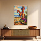 Horse Coast, Sky, Western, Framed Canvas Print scenic cowboy horse art, rustic western ocean view decor, farmhouse wall accent