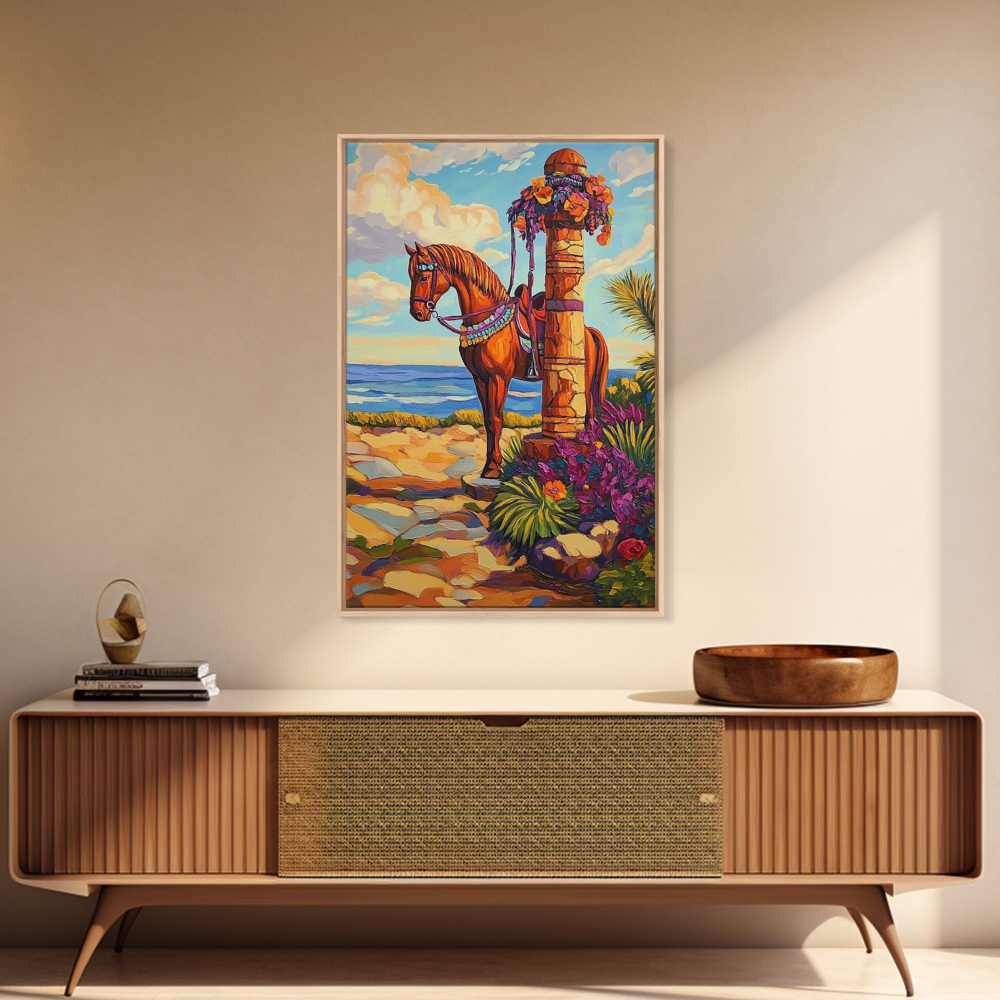 Horse Coast, Sky, Western, Framed Canvas Print scenic cowboy horse art, rustic western ocean view decor, farmhouse wall accent