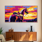 Saddled horse, sunset view, western ranch, cowboy aesthetic, rustic decor, farmhouse painting, moody art, canvas print