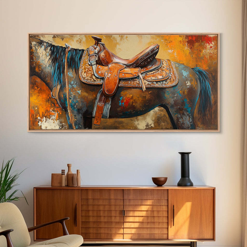Western Saddle Art, Canvas Print, Rustic Decor, Moody Art, Southwest Wall Art, Extra Wide Art, Above Bed Wall Art, Farmhouse Wall Art