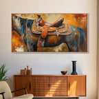 Western Saddle Art, Canvas Print, Rustic Decor, Moody Art, Southwest Wall Art, Extra Wide Art, Above Bed Wall Art, Farmhouse Wall Art