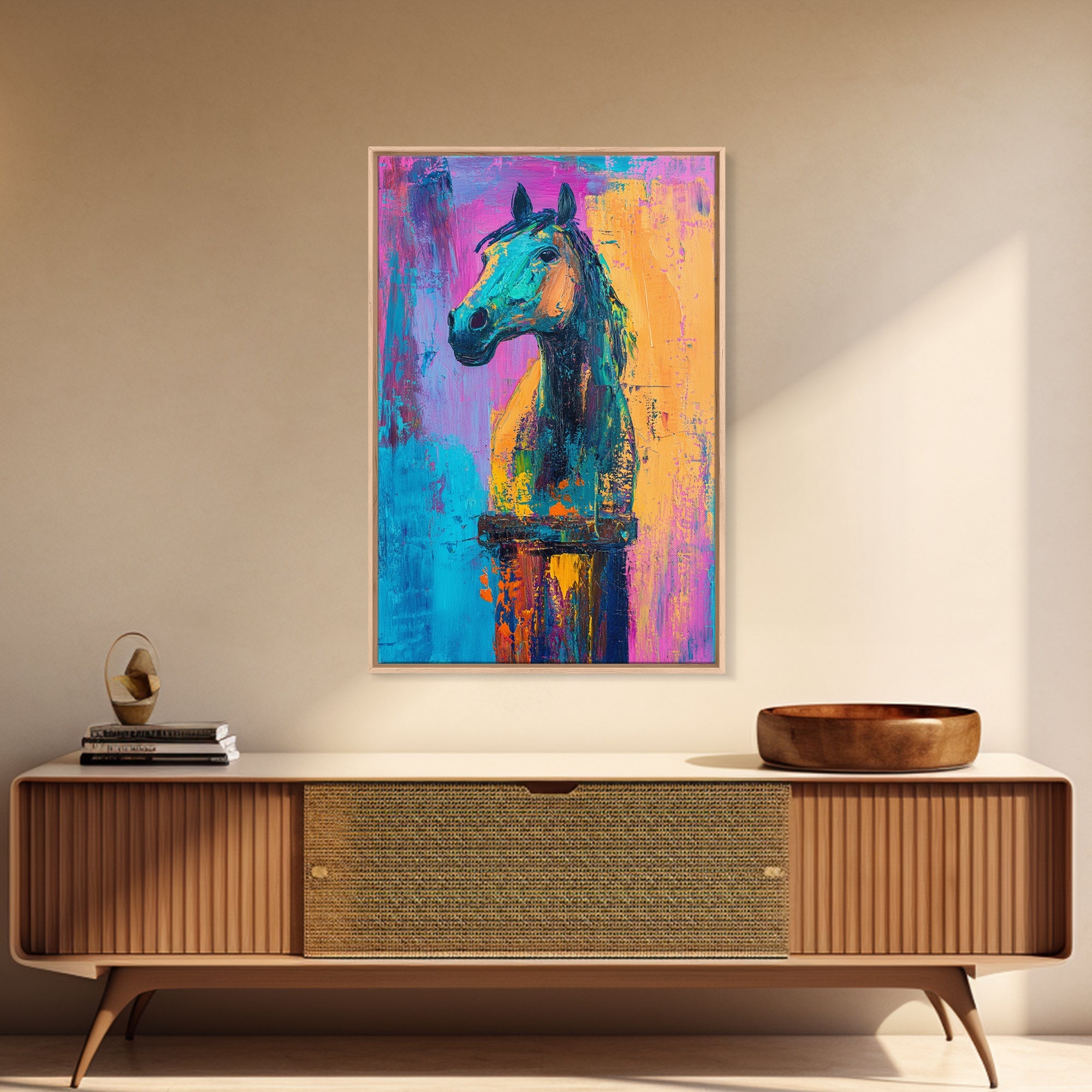 Colorful Horse, whimsical art, horse wall art, vibrant painting, pink abstract art, geometric wall art, boho art, Canvas Print