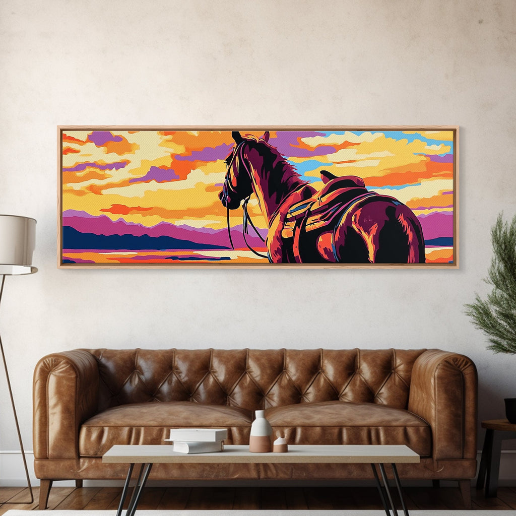 Sunset Horse Painting, southwest wall art, mountain painting, rustic western decor, cowboy wall art, framed canvas print, extra wide art