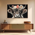 Framed Highland Cow With Flowers Painting canvas print Farmhouse art Cattle Wooden background Country wall art Cow print Rustic Wall Art