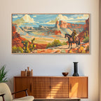 Cowboy Riding through Canyon, Framed Canvas Print for Rustic Living Room Decor, Western Art for Home and Bedroom Decoration