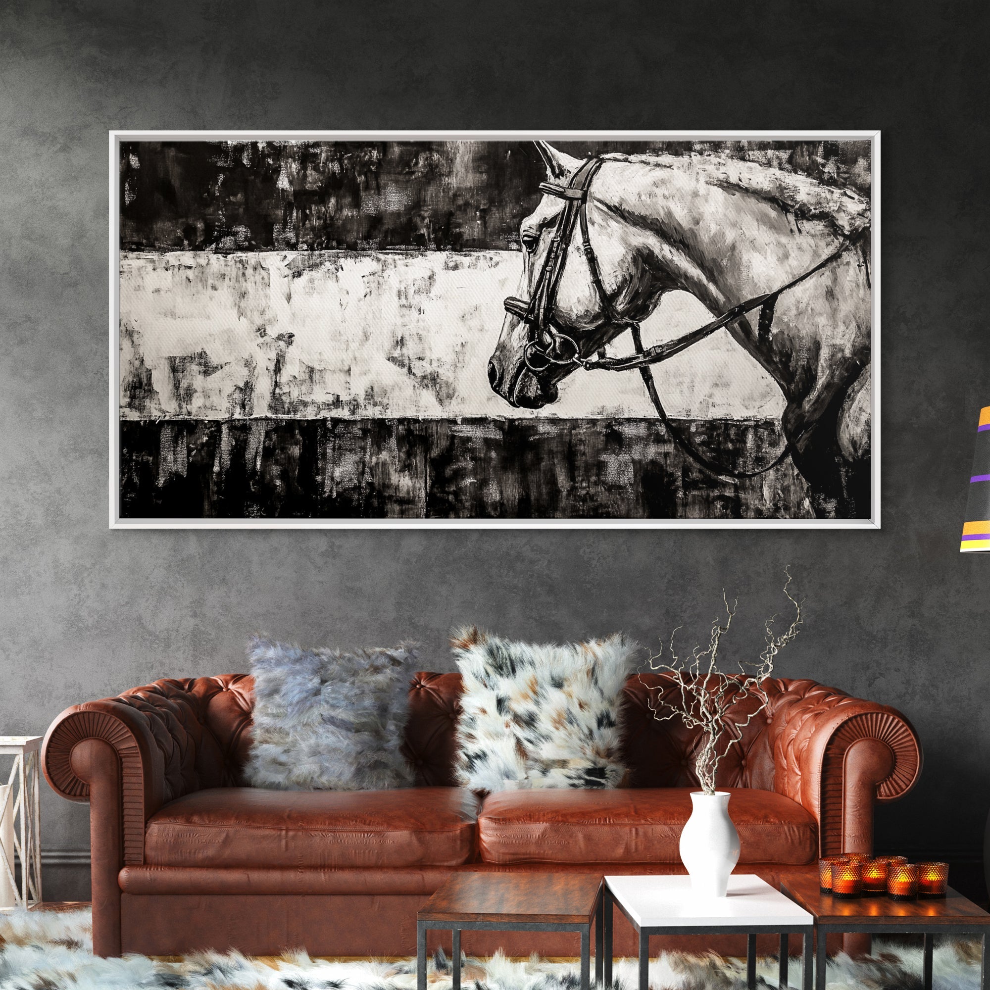 Monochrome Horse, Equestrian Wall Art, Canvas Print, Rustic Black and White Painting, Farmhouse Wall Decor, Western Wall Art