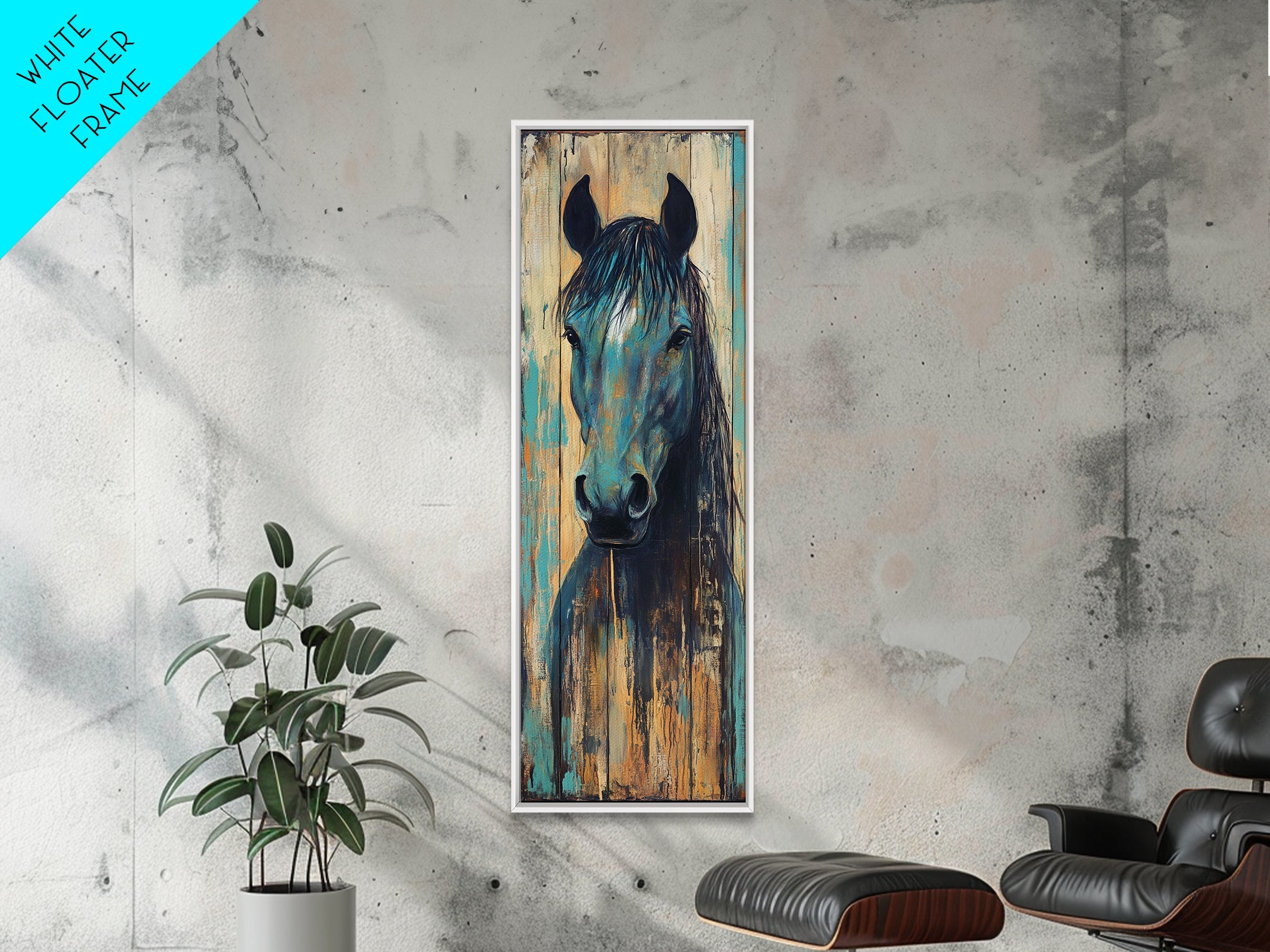 Rustic Blue Horse Painting Canvas Print Farmhouse Wall Art Vintage Horse Art Moody Art Living Room Art Southwest Wall Art