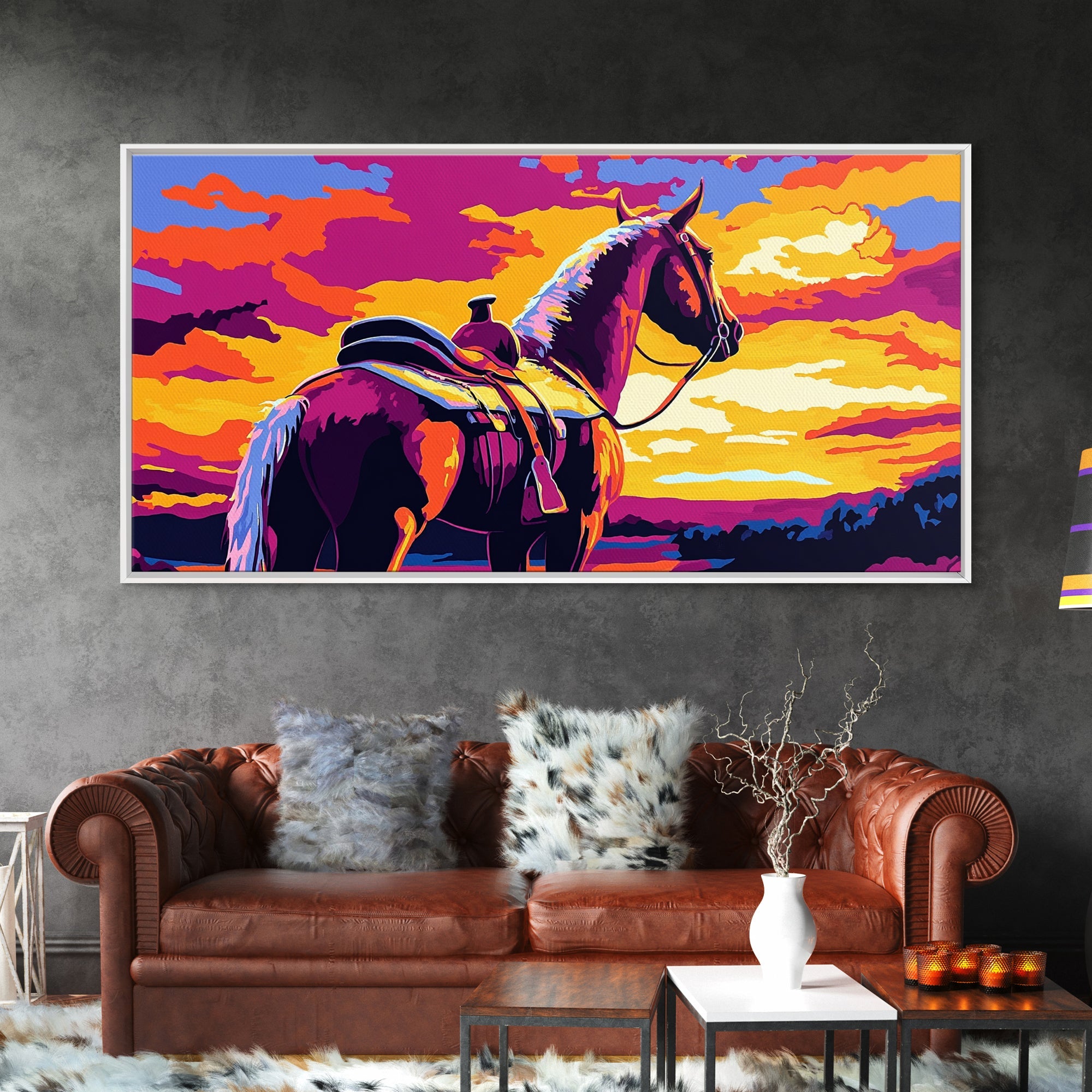 Saddled horse, sunset view, western ranch, cowboy aesthetic, rustic decor, farmhouse painting, moody art, canvas print