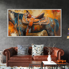Western Saddle Art, Canvas Print, Rustic Decor, Moody Art, Southwest Wall Art, Extra Wide Art, Above Bed Wall Art, Farmhouse Wall Art