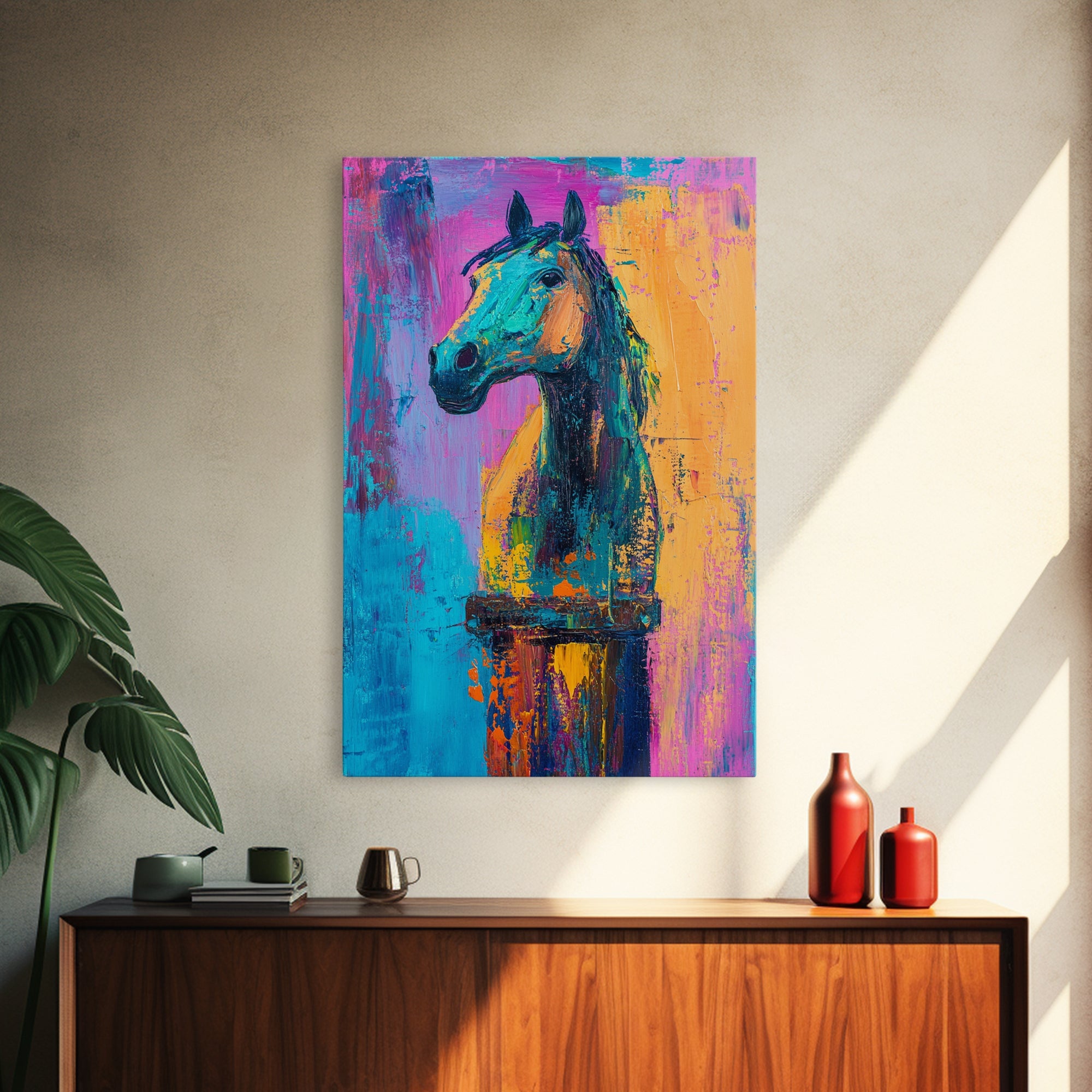Colorful Horse, whimsical art, horse wall art, vibrant painting, pink abstract art, geometric wall art, boho art, Canvas Print