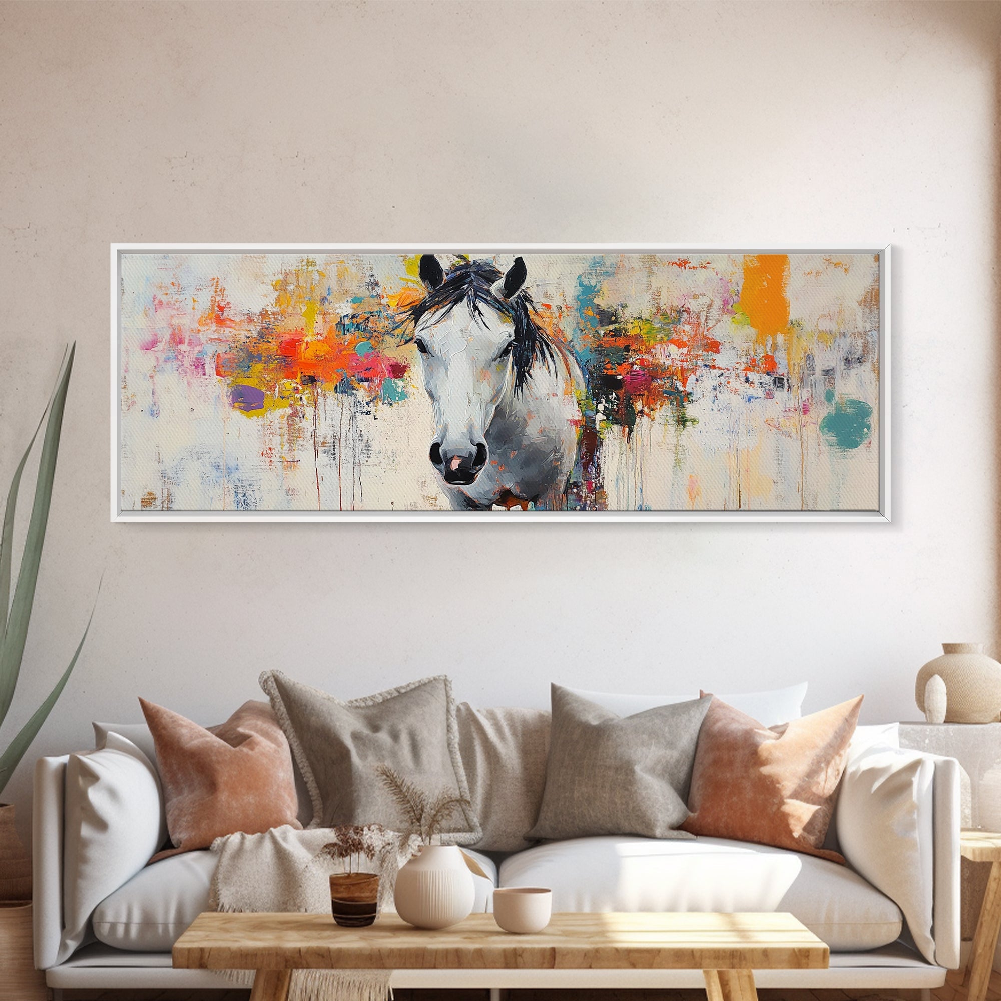 White horse, abstract, moody art, rustic decor, impressionist horse, framed canvas print, extra wide art, modern farmhouse art