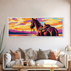 Sunset Horse Painting, southwest wall art, mountain painting, rustic western decor, cowboy wall art, framed canvas print, extra wide art