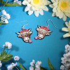 Highland Cow with Flower Wooden Dangle Earrings | Farm Animal Jewelry