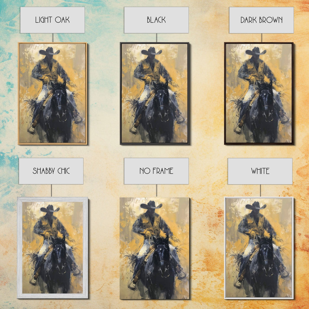 Cowboy in Full Gear Riding Horse - Framed Canvas Print, Western Wall Art, Rustic Decor, Living Room and Bedroom Art Print