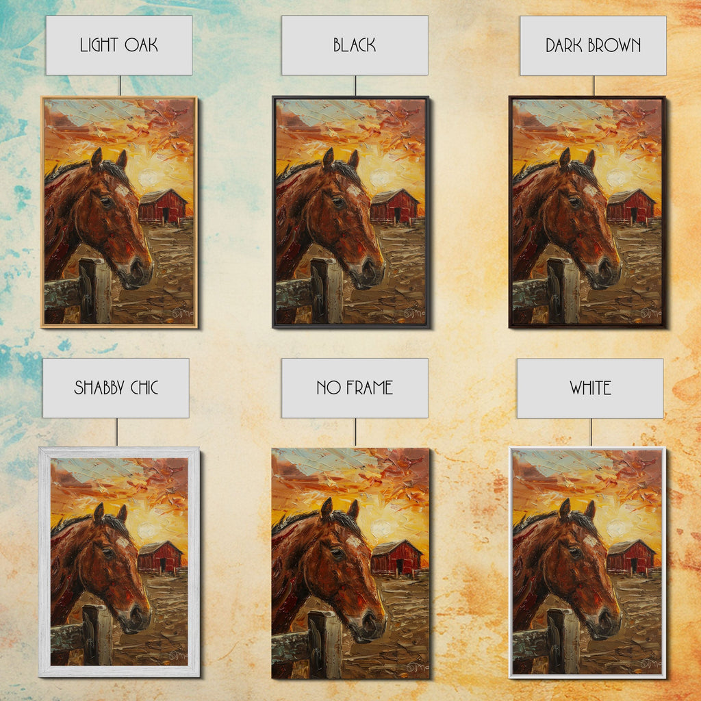 Horse with Red Barn Sunset Art - Framed Canvas Print, Rustic Bedroom Decor, Farmhouse Wall Art, Horse and Barn Home Decoration