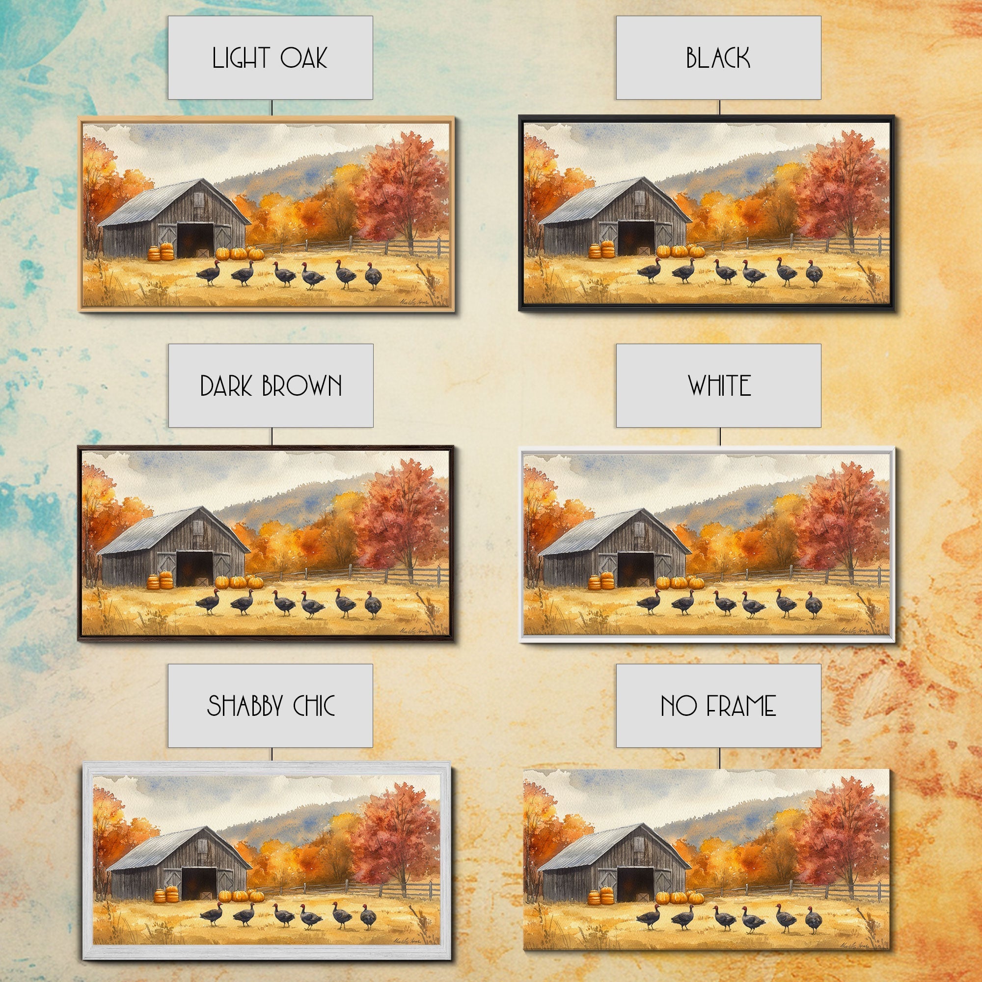 Framed Canvas Print Rustic Barn with Pumpkins and Turkeys, Perfect Autumn Farmhouse Decor, Fall Wall Art, Country Autumn Scene