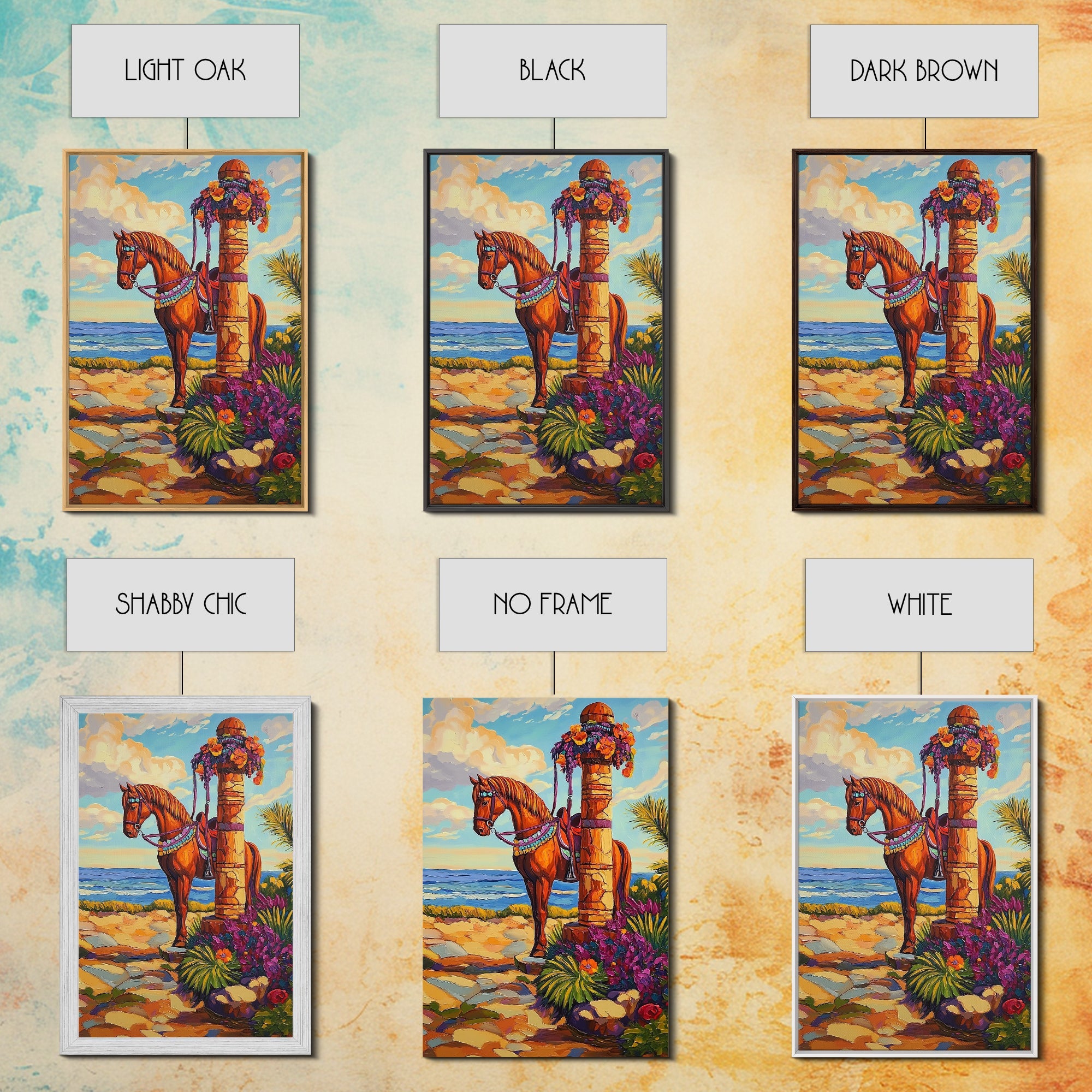 Horse Coast, Sky, Western, Framed Canvas Print scenic cowboy horse art, rustic western ocean view decor, farmhouse wall accent