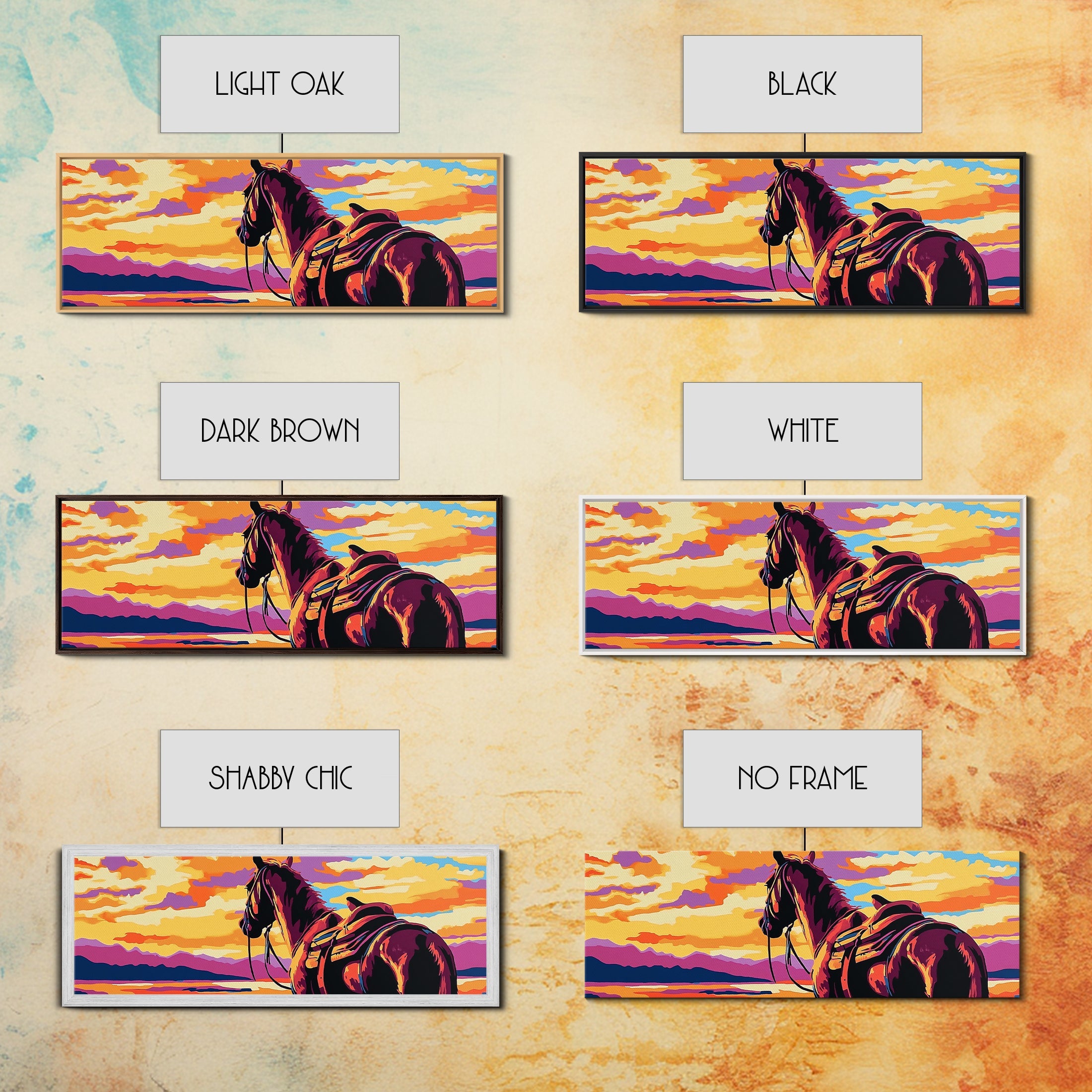 Sunset Horse Painting, southwest wall art, mountain painting, rustic western decor, cowboy wall art, framed canvas print, extra wide art