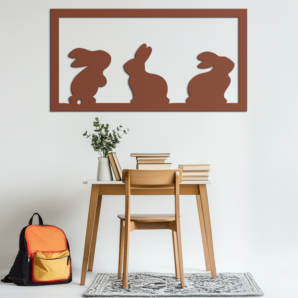 Three Bunny Silhouette Metal Wall Art – Minimalist Black Animal Decor for Nursery and Home- KAF551