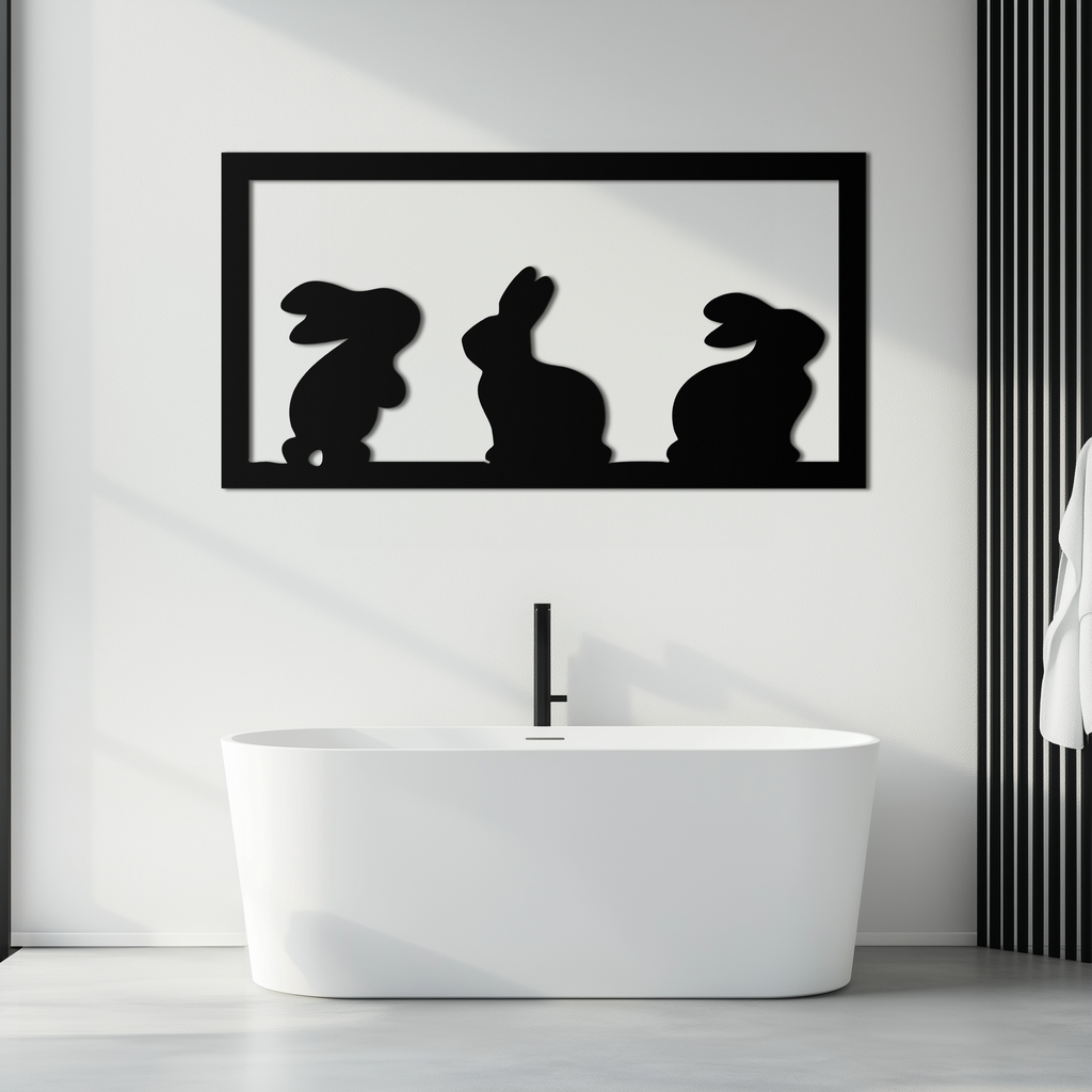 Three Bunny Silhouette Metal Wall Art – Minimalist Black Animal Decor for Nursery and Home- KAF551