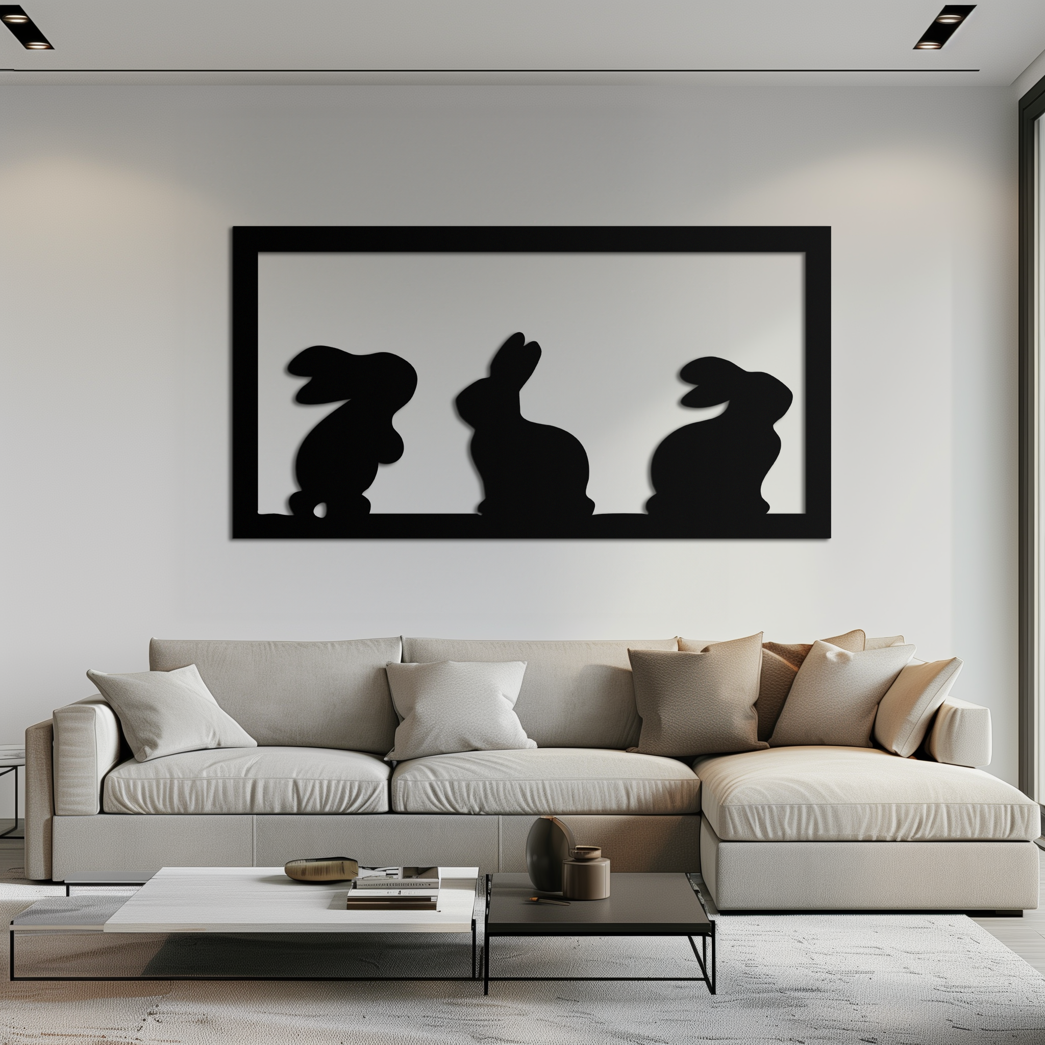 Three Bunny Silhouette Metal Wall Art – Minimalist Black Animal Decor for Nursery and Home- KAF551