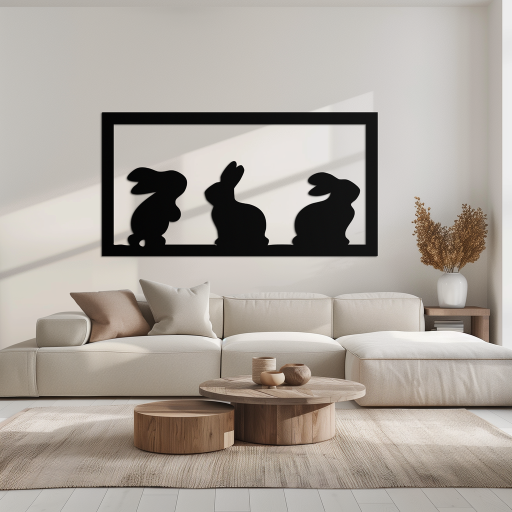 Three Bunny Silhouette Metal Wall Art – Minimalist Black Animal Decor for Nursery and Home- KAF551