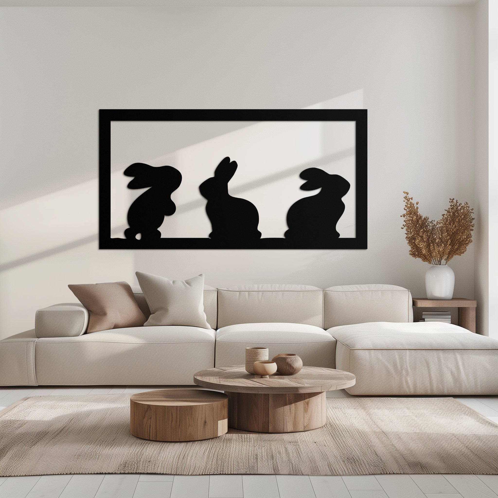 Three Bunny Silhouette Metal Wall Art – Minimalist Black Animal Decor for Nursery and Home- KAF551