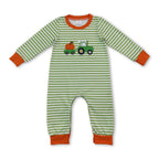 Green stripe pumpkin embroidery baby boy fall romper