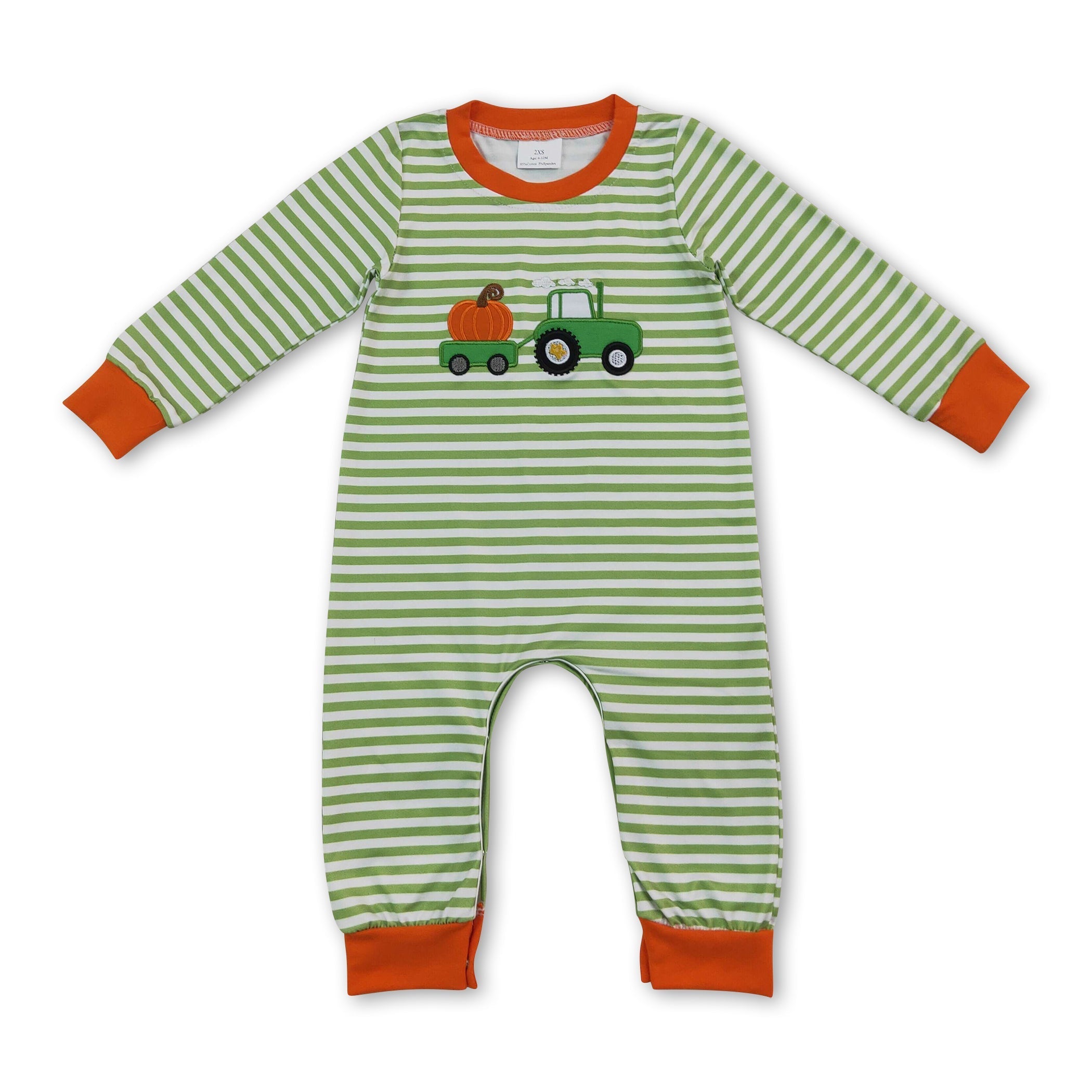 Green stripe pumpkin embroidery baby boy fall romper