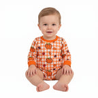 Long sleeves pumpkin plaid leaves baby fall romper