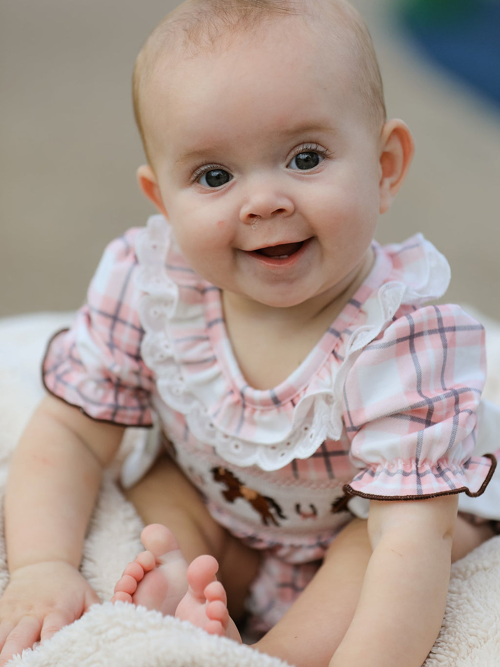 Western Horse Embroidered Smocked Plaid Baby Girl Romper
