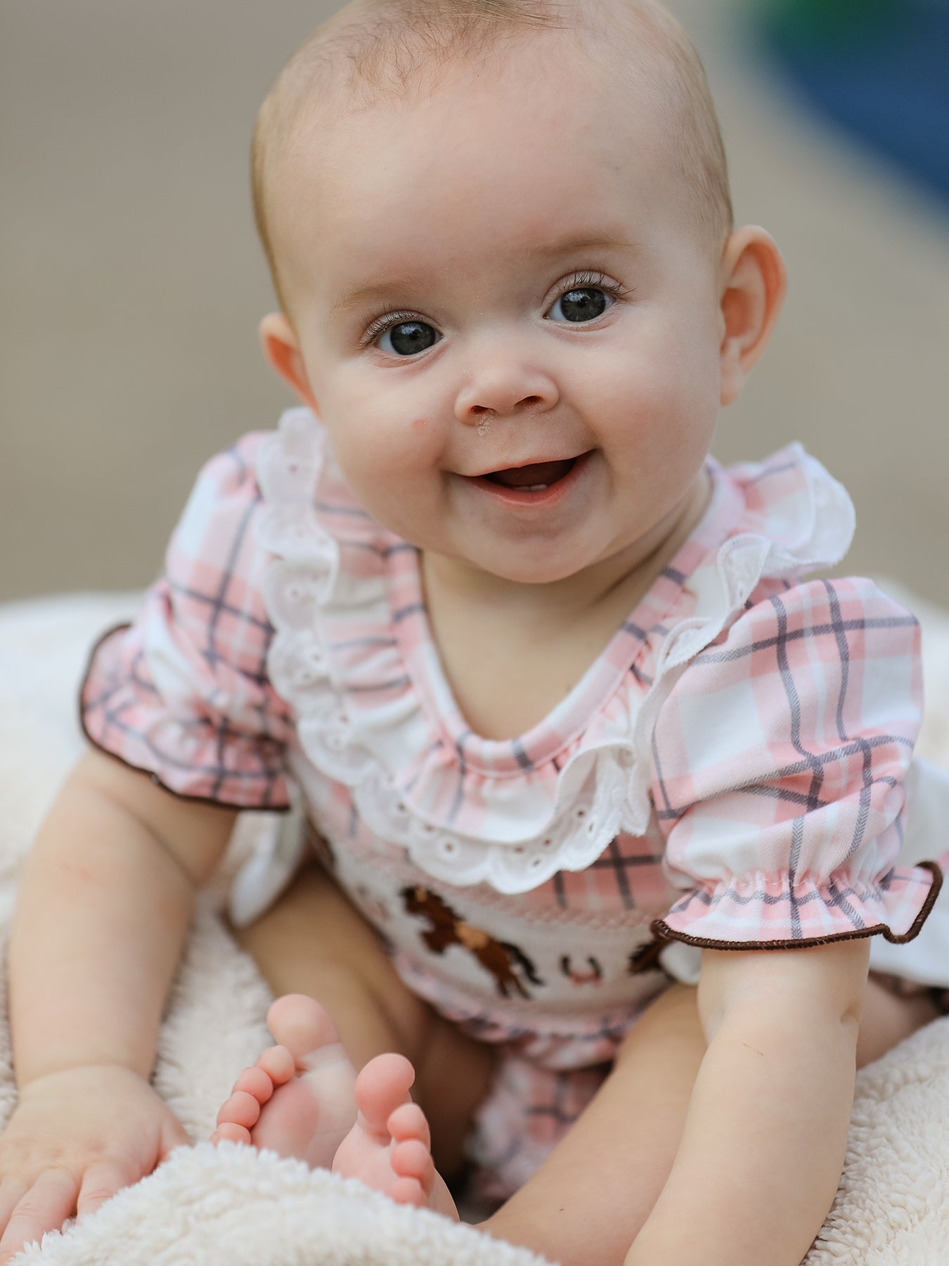 Western Horse Embroidered Smocked Plaid Baby Girl Romper