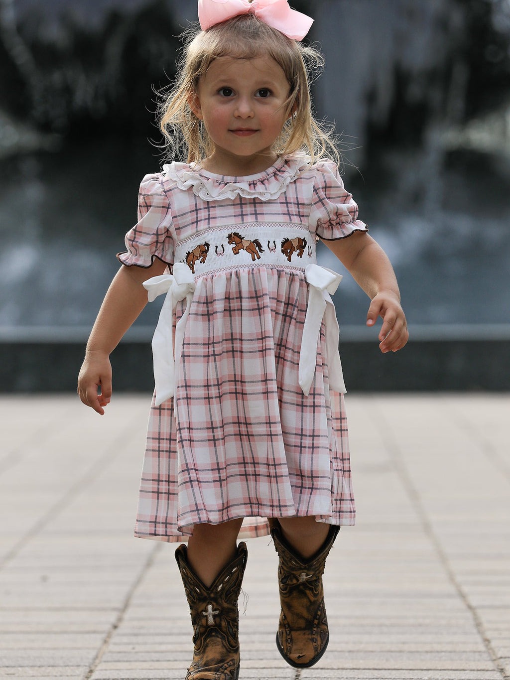 Western Horse Embroidered Smocked Plaid Girls Dress