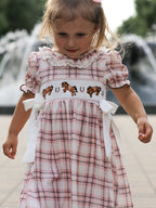 Western Horse Embroidered Smocked Plaid Girls Dress