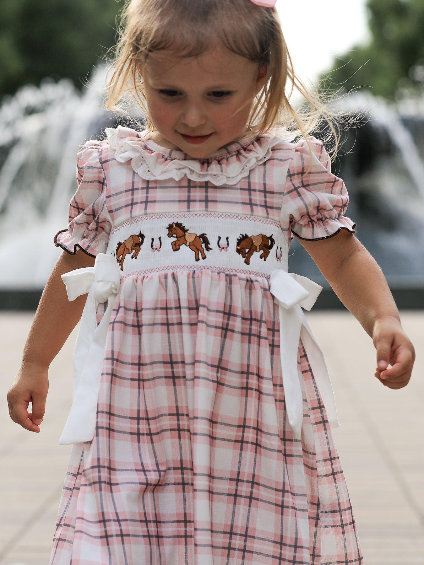 Western Horse Embroidered Smocked Plaid Girls Dress