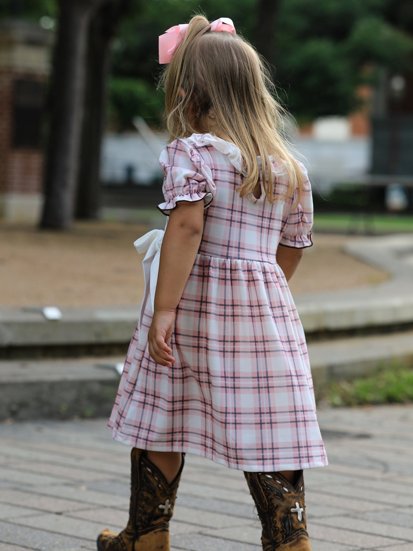 Western Horse Embroidered Smocked Plaid Girls Dress