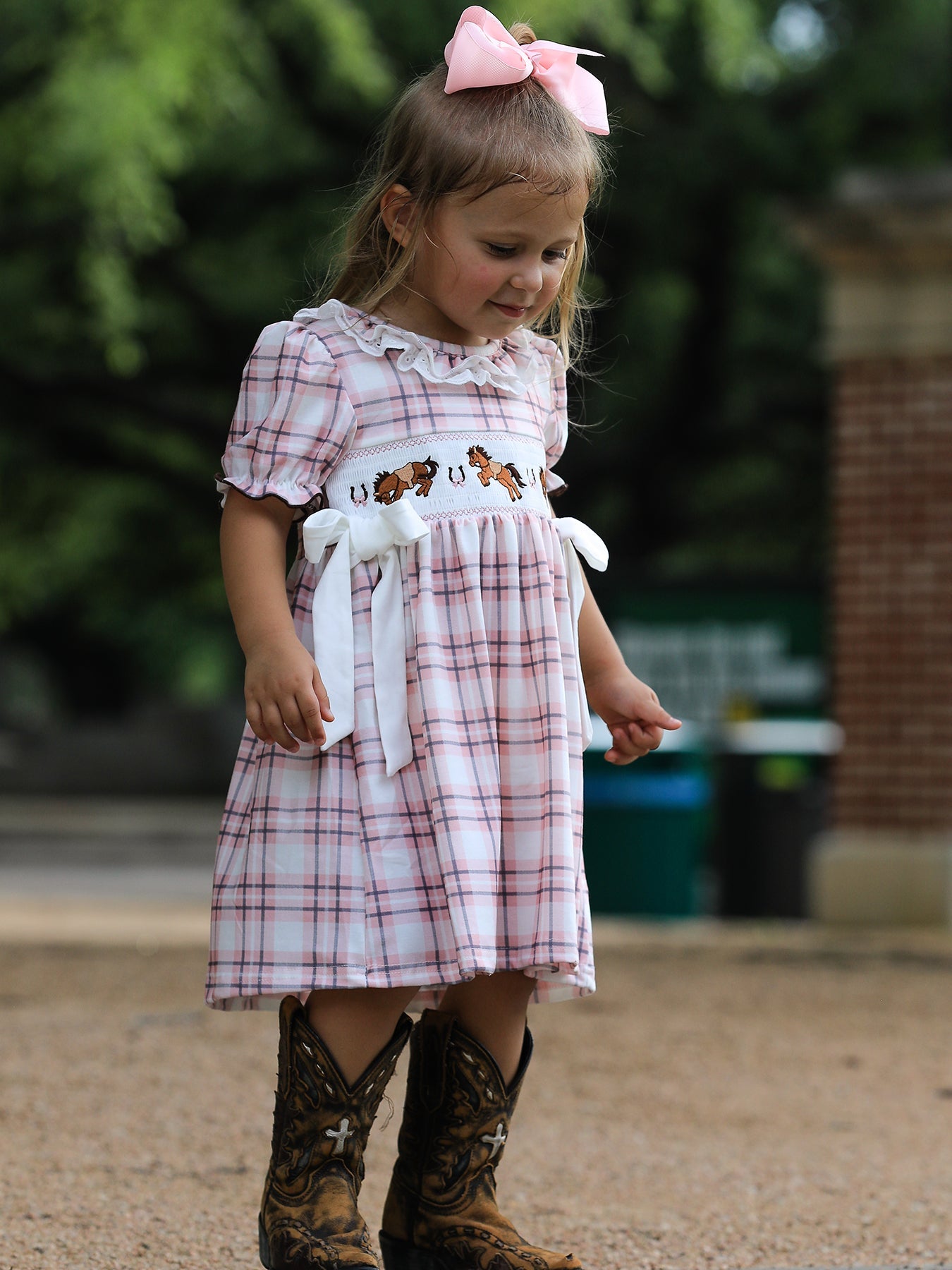 Western Horse Embroidered Smocked Plaid Girls Dress
