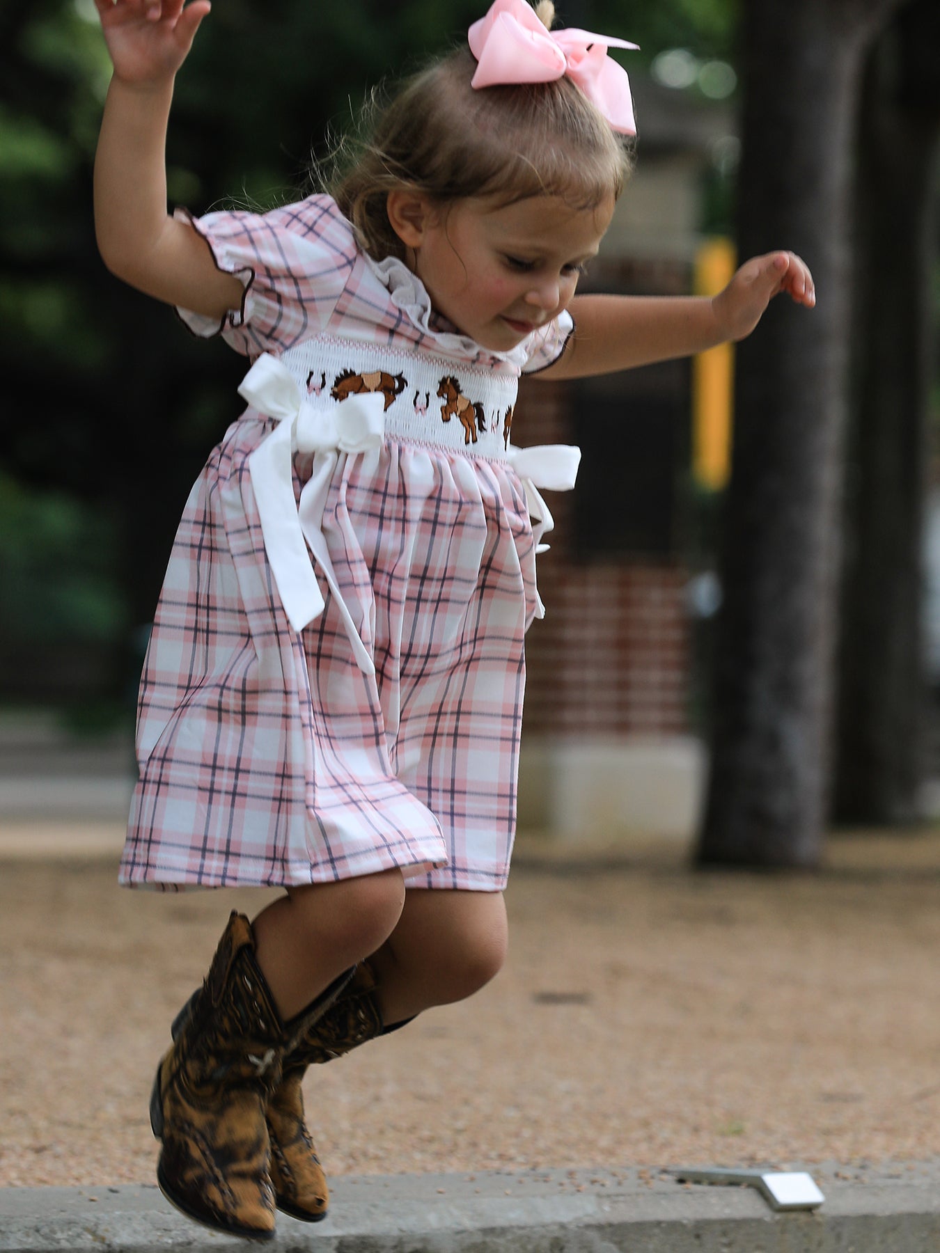 Western Horse Embroidered Smocked Plaid Girls Dress